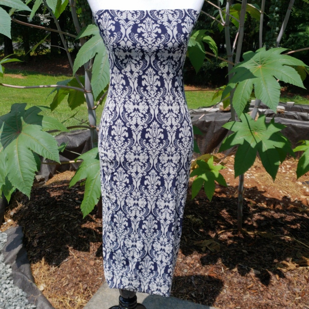DNA couture Navy and White Strapless Midi Dress - Picture 2 of 5